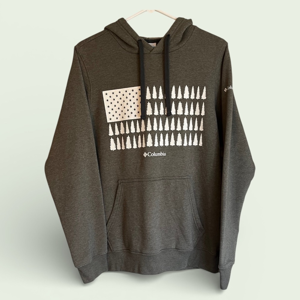 Columbia Oversized Tree Flag Army Green Cotton Blend Hoodie Size Small